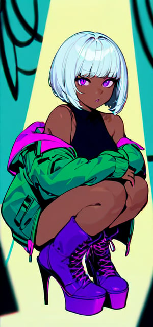  looking at viewer, 1girl, solo, looking at viewer, short hair, bangs, simple background, long sleeves, bare shoulders, purple eyes, jacket, full body, white hair, boots, sleeveless, dark skin, off shoulder, high heels, dark-skinned female, squatting, bob cut, yellow background, green jacket, purple footwear, platform footwear, (((neon theme))), dark theme, vivid color, masterpiece, best quality, amazing quality, very aesthetic, absurdres, depth of field, score_9, score_8, score_7, score_6,sexy girl