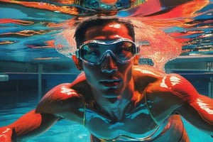 photography, 8k, HDR, ((holographic upper body)), (POV shot, at surface level), a man swimming in the olympics, ((red water:1.3)), mirrored goggles, S0ul0fsc1f1, Ap0l0gr4ph1c