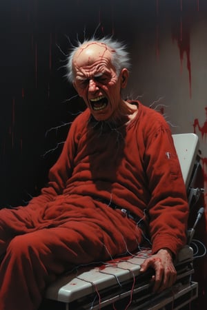 (Cuckoo's nest movie scene), (((ugly insane old man restrained on medical table being electrocuted))), ((old dark mental hospital background)), dark fantasy, dark color scheme, hyper realistic, red paint scattered, black paint scattered, ((plasma electricity)), raw, cinematic, photorealism, 8k, intricately detailed, award winning, acrylic palette knife, style of makoto shinkai studio, james gilleard, greg rutkowski, chiho aoshima,darkart,more detail XL,potma style