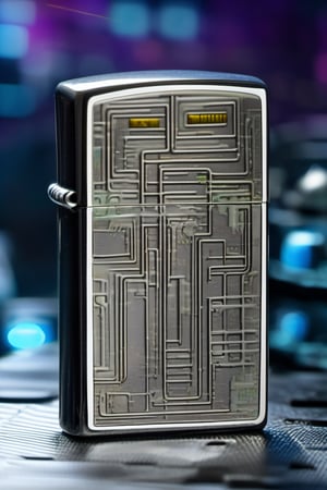 product photography , a zippo, Cybernetic , Robot mechanic ,Quantum waveform , Techno-dazzle ,  Grime , Electric , Time traveler , Time dilation , cyberpunk