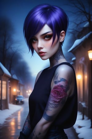 A photorealistic oil illustration of a beautiful goth female, sad eyes, lonely, sharp bobcut, purple hair, arm tatoo, epic composition, realistic, evening, bokeh lights, winter background, AAp41nt3dladies