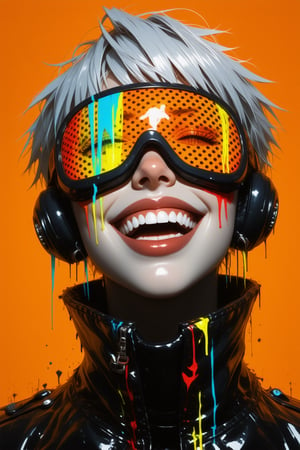 This image is a vibrant digital artwork featuring a stylized, futuristic character. The subject is a young person with short, spiky hair, predominantly light gray with hints of blue. Their face is covered by a large, reflective visor that is predominantly orange with black edges and features a pattern of white dots. The visor is slightly tilted, giving a dynamic and futuristic feel.

The character's expression is wide-eyed and joyful, with a broad smile showing their teeth. Their lips are painted a glossy black, and they have a few small, black lines or marks on their cheeks, adding to the edgy, cyberpunk aesthetic.

The background is a solid, bright orange, which contrasts sharply with the black and white elements of the character. The visor and the character's face are highlighted with streaks of vibrant colors—blue, yellow, and red—giving a sense of movement and energy. These streaks seem to drip down, creating a sense of fluidity and dynamism.

The character is wearing a high-collar, black jacket with a glossy texture, which adds to the futuristic and high-tech theme. The overall style of the artwork is a blend of cyberpunk and pop art, with a focus on bold, contrasting colors and a sleek, modern design, suprn1j1