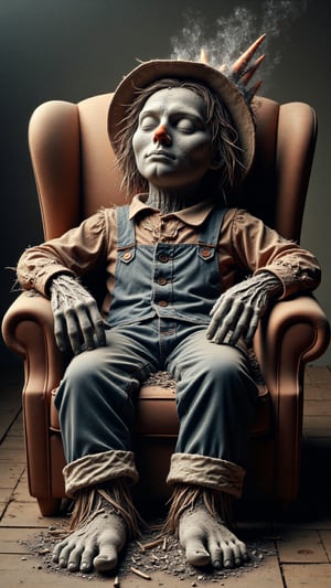 Photo of a scarecrow sitting in an armchair, sleeping, straw hat, carrot nose, straw poking out of clothes, tattered clothes, ash hands, ash feet, 