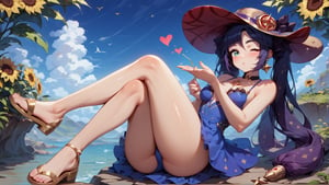 score_9, score_8_up, score_8_up, rating_safe, 4RCH0N, Expressiveh, ear piercings, cliff background, looking at viewer, blowing kiss, one eye closed, heart, blush, shiny skin, legs crossed, mona_(genshin_impact), genshin_impact, 1girl, black_hair, green_eyes, stockings, sundress, straw_hat, sandals, sunflowers, k1ss3s