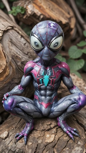 alien-themed (Spiderman) macro photography of a mini cute [rock|gem] alien, sitting on a [log|rock], full body, vibrant shades of gray and white paint swirl across aged wood, revealing the emergence of a charming extraterrestrial alien being amidst the kaleidoscopic chaos, encapsulating the essence of cosmic wonder in perfect clarity and precision. . extraterrestrial, cosmic, otherworldly, mysterious, sci-fi, highly detailed,