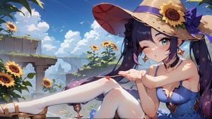 score_9, score_8_up, score_8_up, rating_safe, 4RCH0N, Expressiveh, ear piercings, cliff background, looking at viewer, blowing kiss, one eye closed, heart blush, shiny skin, mona_(genshin_impact), genshin_impact, 1girl, black_hair, green_eyes, stockings, sundress, straw_hat, sandals, sunflowers, k1ss3s