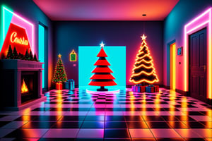 Wave Art Style, santa claus in his house it has a checkered floor indoors with neon lights christmas tree and presents, scenery, speaker, tile floor, tiles, (masterpiece, 8k RAW photo, best quality:1.2), absurdres, volumetric lighting, quixel megascan