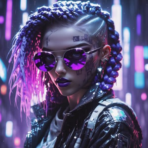(best quality, 4K, 8K, high-resolution, masterpiece), ultra-detailed, photorealistic, vibrant and colorful, circular metallic badge of a beautiful cyberpunk girl, wearing highly reflective mirrored sunglasses, hair in twin braids, off shoulder jacket, bold purple lipstick, abstract vivid artwork with brushed steel, purple, white, and pink colors, lively and artistic atmosphere, sexy, well-defined eye makeup.