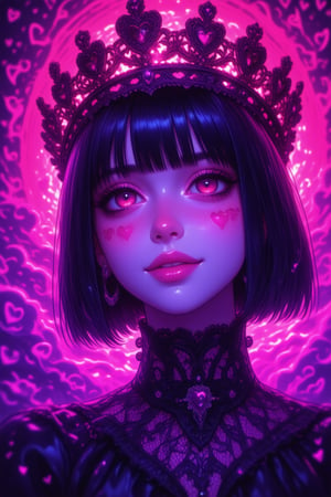 This is a digital artwork featuring a close-up portrait of a young woman with a striking, otherworldly appearance. The image is rendered in a vibrant, neon pink and purple color palette, giving it a futuristic, almost dreamlike quality. The woman has light skin and a smooth, flawless complexion. Her eyes are large and almond-shaped, with a hypnotic glow, and they are accentuated by long, dark lashes. She has a small, heart-shaped birthmark on her cheek, adding to her unique appearance.

Her hair is straight and cut into a bob, with a glossy sheen that reflects the surrounding light. She wears a dark, ornate headpiece that resembles a crown, adorned with black, intricate lace and heart-shaped embellishments. The headpiece adds to her ethereal and mysterious aura.

The background is a swirling mass of pink and purple hues, with abstract shapes that resemble flowers or hearts, further enhancing the dreamlike atmosphere. The overall texture of the image is smooth and polished, with a high level of detail in the clothing and hair, suggesting a high-quality digital painting. The image evokes a sense of enchantment and otherworldliness, with a strong emphasis on the character's striking features and the surreal, neon color scheme, suprn1j1