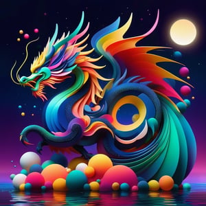 abstrgn style dragon, minimalistic colourful organic forms, energy assembled, layered, depth, alive vibrant, 3D, abstract, full body, no humans, sharp teeth, long rapier tongue, powerful claws, majestic tail, sweeping intricate horns, wings, magical spherical particles, floating over water, night time, lake background, moonlight shadow