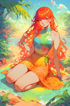 score_9, score_8_up, score_7_up, 1girl, long hair, bangs, full body, colourful, thermal, orange, green, yellow, blue, tropical beach,