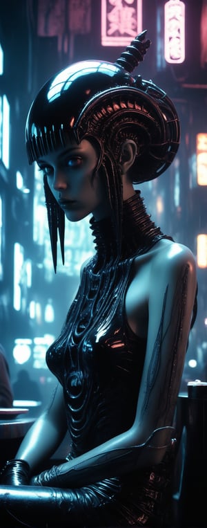 (By Lovecraft, Shinkai, Giger) a beautiful 20 year old alternative replicant beauty, sitting at a blade runner bar, blown glass aesthetics, metallic atmosphere, atomic neon, timeshift reflections, 