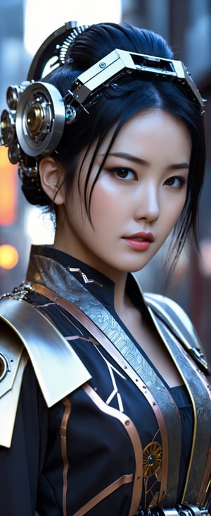 mechanical,korean,girl,(best quality,4k,8k,highres,masterpiece:1.2),ultra-detailed,(realistic,photorealistic,photo-realistic:1.37),metallic texture,gritty background,vibrant colors,ethereal lighting,steampunk style,mechanical gears,cybernetic enhancements,chrome accessories,holographic display,robotic limbs,kimono dress,traditional fan,flowing black hair,jeweled headpiece,futuristic cityscape,sharp focus,sci-fi aesthetic,meticulous detailing