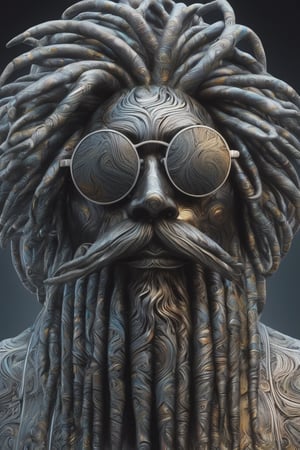 Retro futuristic sculpture made of thousands of individual pieces of acid etched Damascus steel, a 3 dimensional free-floating head of a rastafarian, full dreadlocked hair, looking up, aviator mirrored sunglasses, dreadlocked beard, damascus patternation, cold steel, backlit, highly reflective, dark gradient background, volumetric mist