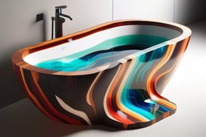 A photorealistic image of a bathtub made from epoxy resin and timber, concept fusion piece, vibrant colour resin, fluid dynamic, flowing, exotic timber, detailed background, no humans, still life, reflection, shadow, water effect, AAr3s1nfl0w