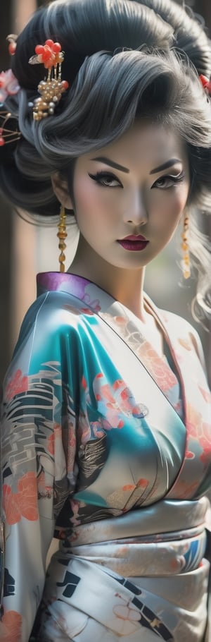 A Japanese woman in her twenties made of shiny white and silver translucent glass and plastic, slim voluptuous huge cleavage Geisha, geisha makeup and hairstyle, beautiful irezumi tattoos up and down her legs, Silver metal interior, dynamic poses, flowing organic structure, Glowing golden circuit, colorful neon decoration, light emitting circuit, neon decoration, Depth of field focus f/2.8