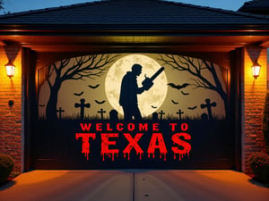 A H4ll0w5D00r style high-resolution photograph of a garage door with a Halloween-themed silhouette of a man holding a large chainsaw in a graveyard. A scratched style text " WELCOME TO TEXAS " In dripping red underneath.
