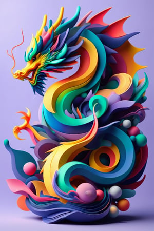 abstrgn dragon, minimalistic colourful organic forms, energy, assembled, layered, depth, alive vibrant, 3D, abstract, on a simple light purple background, deep depth of field