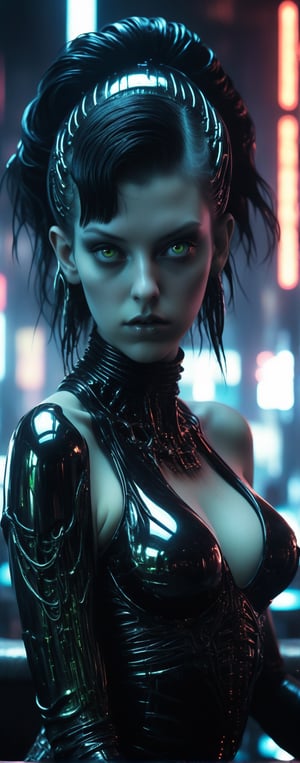 (By Lovecraft, Shinkai, Giger) a beautiful 20 year old alternative replicant beauty, big breasts, sitting at a blade runner bar, blown glass aesthetics, metallic atmosphere, atomic neon, timeshift reflections, 