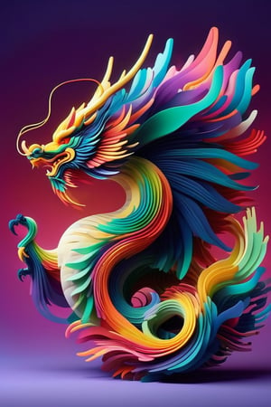 dragon from a side view, minimalistic colourful organic forms, energy assembled, layered, depth, alive vibrant, 3D, abstract, full body, no humans, powerful claws, majestic tail, sweeping intricate horns, floating particles, eastern dragon, shadow