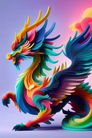 abstrgn dragon from a side view, minimalistic colourful organic forms, energy assembled, layered, depth, alive vibrant, 3D, abstract, full body, no humans, powerful claws, majestic tail, sweeping intricate horns, floating particles, eastern dragon, shadow