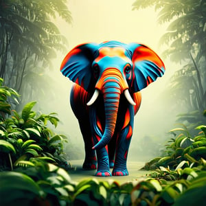 A photo of an AAsp3ctr4m0rph1qu3 elephant, 3d, organic, abstract, alive, energy, vibrant, high-resolution colours, (two-tone colour rainforest background), humid atmosphere