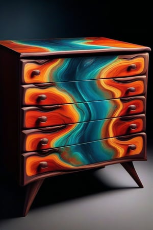 A majestic chest of drawers crafted from a fusion of epoxy resin and timber, set against a richly detailed background. The vibrant, flowing resin glows with an otherworldly intensity, as if infused with fluid dynamics. Exotic timbers swirl in intricate patterns, their textures accentuated by subtle reflections and shadows. The overall composition is one of precision engineering, showcasing the perfect craftsmanship that has gone into creating this stunning still life, AAr3s1nfl0w