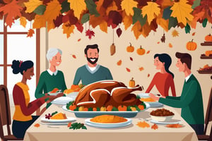flat design vector that depicts a Thanksgiving action plan. The portrayed scene is a festive and bountiful dinner table, with typical elements of the Thanksgiving holiday. In the central part of the image, we see the table, covered with a long, elegant white cloth. The table is filled with delicious traditional holiday foods, arranged attractively. There is a large, roasted and golden turkey in the center, surrounded by other dishes such as mashed potatoes, cranberry sauce, cooked green beans, pumpkin pie, and cornbread. Around the table, there is a group of happy and smiling people. Family and friends are gathered to celebrate Thanksgiving together. They are dressed in different clothes, including colorful and stylish sweaters, indicating a relaxed but festive atmosphere. In the background of the image, there is a wall decorated with autumn leaves and garlands, creating a warm and pleasant ambiance. We can also see some empty chairs, waiting for new guests who will arrive soon. The composition of the image is cheerful and inviting, conveying the idea of family unity, gratitude, and celebration. The colorful details and typical holiday elements create a cozy and welcoming atmosphere for viewers