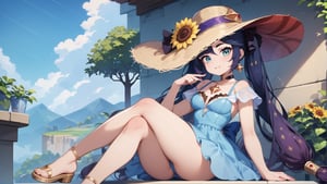 score_9, score_8_up, score_8_up, rating_safe, 4RCH0N, Expressiveh, ear piercings, cliff background, looking at viewer, shiny skin,mona_(genshin_impact), genshin_impact, 1girl, black_hair, green_eyes, stockings, sundress, straw_hat, sandals, sunflowers