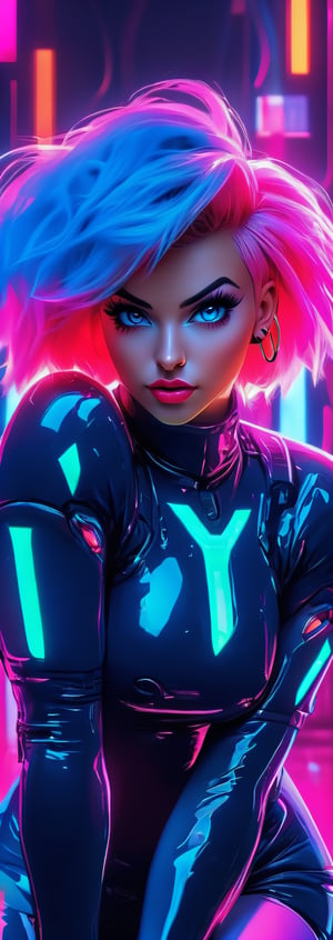 Macro script quality, ultra realistic,HD, HQ, 4K, 8K, high details, full body shot, neon background, young woman, huge cleavage, short pink hair, neon clothes, hand guns, futuristic, sci-fi, perfect face, perfect red eyes, full plump lips,