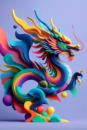 dragon from a side view, minimalistic colourful organic forms, energy assembled, layered, depth, alive vibrant, 3D, abstract, full body, no humans, powerful claws, majestic tail, sweeping intricate horns, floating particles, eastern dragon, shadow