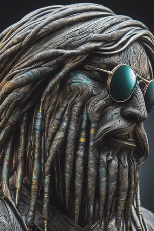 Retro futuristic sculpture made of thousands of individual pieces of acid etched Damascus steel, a 3 dimensional free-floating head of a rastafarian, viewed from the side, full dreadlocked hair, looking up, (aviator, mirrored sunglasses:1.2), dreadlocked beard, damascus patternation, cold steel, backlit, highly reflective, dark gradient background, volumetric mist