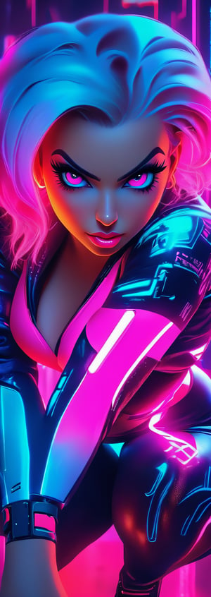 Macro script quality, ultra realistic,HD, HQ, 4K, 8K, high details, full body shot, neon background, young woman, huge cleavage, short pink hair, neon clothes, hand guns, futuristic, sci-fi, perfect face, perfect red eyes, full plump lips,