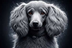 portrait of an ultrarealistic canine poodle. 8k resolution, 4k image. HDR highly detailed. vivid. UHD, amazing depth, glowing rich colors, powerful imagery, incinerated, ash parts, macro textured black|grey ash, deep fine cracks, kintsugi, soft focus, half body editorial shot, depth of field, intricately hyperdetailed, amazing depth, expansive details, cracked surface, iridescent surface, Anna Dittmann, Dominic Qwek, complex masterwork by head of prompt engineering, ap0l0n1artSHC
