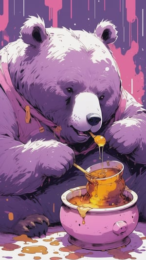 Photo of a purple fat bear eating a pot of honey,  while a pink rabbit looks on.
Negative prompt: Anime,  cartoon,  graphic,  text,  painting,  crayon,  graphite,  abstract,  glitch,  deformed,  mutated,  ugly,  disfigured