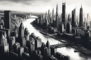 Fine charcoal illustration on canvas, cityscape, ariel view, vanishing point, green river, Clean line art, Expressive lines, Painting in an expressive sketch style, hatching, Black and white sketch, handpainted, AAch4rc04l