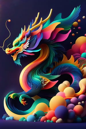abstrgn dragon, minimalistic colourful organic forms, energy assembled, layered, depth, alive vibrant, 3D, abstract, full body, no humans, powerful claws, majestic tail, sweeping intricate horns, floating particles, eastern dragon, shadow, simple dark star-filled background
