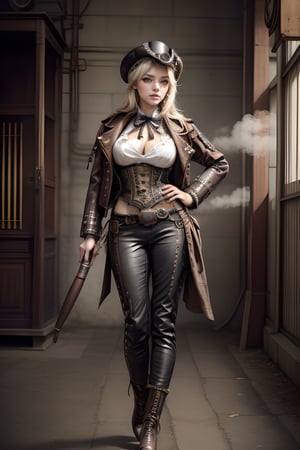 ((​masterpiece、top-quality)), (Photorealistic photography:1.4) ,(steampunc:1.6), White Elegance, (intricate detailes),1 persons, femele, 24 year old, Mystical Beautiful Girl, perfect anatomia, huge colossal cleavage, perfectly proportions, face perfect, Strong gothic makeup, Whitewashed face, Purple Lipstick, Purple eyeshadow, (Heavy makeup:1.4), Pathological beauty, Bright on the face, Details of face, serious faces, Platinum blond hair, long straight Cut Hair, Parting aligned bangs, Hair that flutters in the wind, Steampunk world, Leather jacket, Leather Vest, White blouses, Ribbon Ties, Long leather trousers, Leather Scout Mask, leather brim hat, lace-up boots, um Home Detetive, conceptual art, 真实感, godrays, Cinematographic lighting, canon, high details, hiquality, HD fine, 16K resolution, Full body portrait, full body Esbian