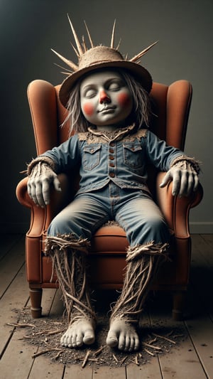 Photo of a scarecrow sitting in an armchair, sleeping, straw hat, carrot nose, straw poking out of clothes, tattered clothes, ash legs, ash feet, 