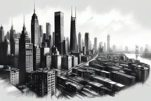 Fine charcoal illustration on canvas, cityscape, ariel view, vanishing perspective, Clean line art, Expressive lines, Painting in an expressive sketch style, hatching, Black and white sketch, handpainted, AAch4rc04l