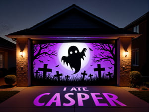 A H4ll0w5D00r style high-resolution photograph of a garage door with a Halloween-themed silhouette of a big floating ghost with glowing eyes in a graveyard. A scratched style text " I ATE CASPER! " In frosty purple underneath.
