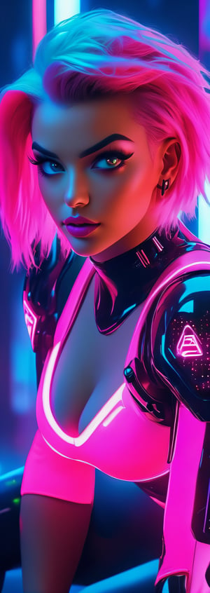 Macro script quality, ultra realistic,HD, HQ, 4K, 8K, high details, full body shot, neon background, young woman, huge cleavage, short pink hair, neon clothes, hand guns, futuristic, sci-fi, perfect face, perfect red eyes, full plump lips,