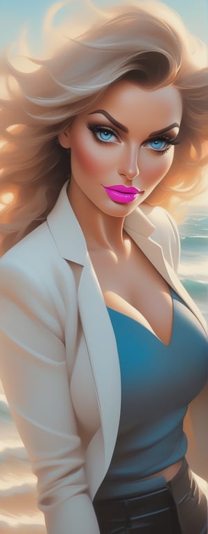 Masterpiece, best quality, hi res, 8k, hi res, 8k, windy weather portrait, Protrait, photography, art by Cyril Rolando, full, body from behind ,beautiful hot white head mature, voluptuous, hot face, oval jaw, delicate features, beautiful face, bright blue eyes, Anna Razumovskaya art,sensual look, big_boobies,big_breast,beautiful breast, (highly saturated lipstick), (pink lips), (luscious thick lips), beautiful eyelashes, beautiful face, smokey eyes, perfect smooth body, perfect smooth legs, naked belly, she enjoys teasing you, flirting with you, (((short white jacket,)) no top, ripped shorts)), long_hair, white color hair, with black streaks in hair 