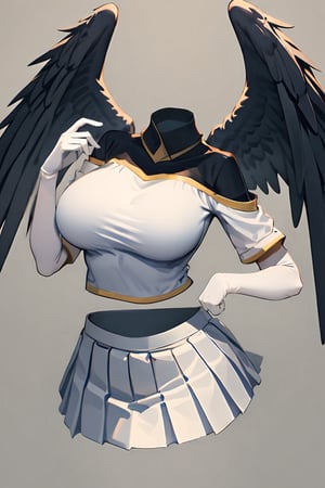 nobody,alone,horn,Albedo (Overlord),wing,Big breasts,skirt,Hip vents,black wing,white Gloves,Gloves,white skirt,hair between eyes,yellow eyes,feathered wing,demon horn,feather,slit pupil,split collar,black feather,Cowboy shooting,elbow Gloves,white horn,permanent,demon wing,