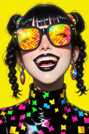 This is a highly stylized digital illustration of a young woman with a mischievous and playful expression. The image is vibrant and dynamic, utilizing bold colors and sharp lines. The subject has fair skin and black hair styled into two high pigtails, with bangs framing her face. She wears large, pixelated sunglasses that reflect a chaotic mix of bright colors, including yellow, green, and purple, which adds to the futuristic and cyberpunk aesthetic.

Her lips are painted black, giving her a striking contrast against her skin, and she has a wide, toothy grin, revealing her white teeth. Her eyes are glowing with a bright yellow light, enhancing the futuristic vibe. The background is a solid, bright yellow, which makes her features pop even more. 

Her outfit is also futuristic, with a black, high-necked garment that has a geometric pattern of squares and triangles in various bright colors, matching the pixelated sunglasses. The texture of the illustration is smooth, with a glossy finish that emphasizes the digital medium. The overall mood of the image is lively and energetic, capturing a sense of fun and excitement, suprn1j1