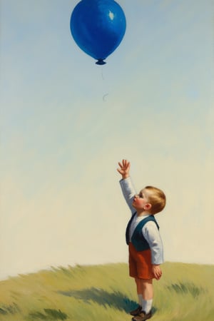 An EdwardH0pp3r style oil on canvas depicting a small boy with his arm extended upwards, he is reaching for the blue balloon that has just escaped his grip, and is now floating away from him up in the sky.