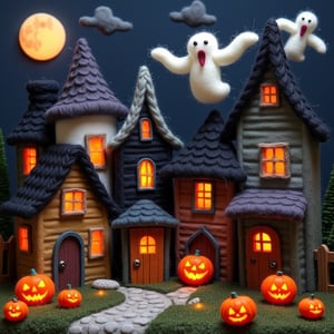 a 3d needle felted image of a halloween town with ghosts flying around and jack o lanterns in doorways