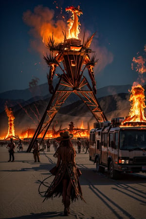 8k masterpiece, best quality:1.2), ultra high definition, photorealistic, tens of thousands of people gather in Nevada’s Black Rock Desert to create Black Rock City, a temporary metropolis dedicated to community, art, self-expression, and self-reliance. In this crucible of creativity, all are welcome, burning man festival, black rock desert, black rock mountains in the background, monolithic structures of (ingenious futuristic art:1.2) otherworldly, metal, wood, glass, fabric, art sculptures scattered over the huge festival area, the cartwheel pattern micro city of campers and festival attractions encompasses a central 90 feet tall wickerman:1.4, flames are billowing out from a burning man sculpture, burning man, burning man nevada, amazing fire art, giant sculpture, style blend of burning man, body made of fire, breath taking, all face covered with a fire, dramatic artwork, absolutely outstanding image, stunning art, head exploding, large flames, fire tornado, BREAK art performers, (bizarre vehicles:1.3), l.e.d covered vehicles light up the playa, (hedonistic:1.3) ambience, free spirit attitude, hippy vibe, intricate details of art installations, highly detailed art sculptures,JessicaWaifu