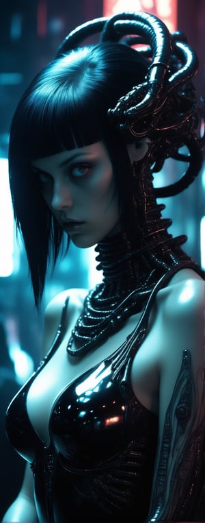 (By Lovecraft, Shinkai, Giger) a beautiful 20 year old alternative replicant beauty, big breasts, sitting at a blade runner bar, blown glass aesthetics, metallic atmosphere, atomic neon, timeshift reflections, 