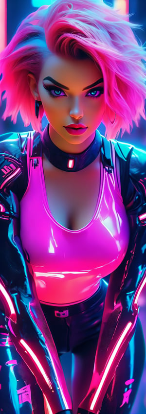 Macro script quality, ultra realistic,HD, HQ, 4K, 8K, high details, full body shot, neon background, young woman, huge cleavage, short pink hair, neon clothes, hand guns, futuristic, sci-fi, perfect face, perfect red eyes, full plump lips,